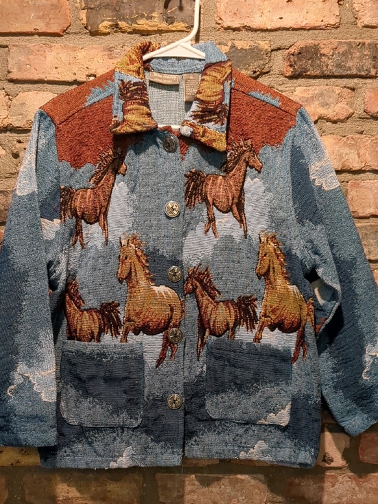 Jane Ashley Tops - Jane Ashley Vintage Horse Tapestry Women's Blue Blouse Western Jacket, Sz Medium